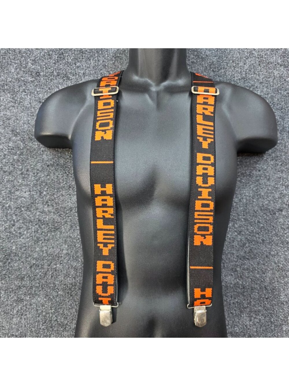Vintage 80s Harley Davidson Suspenders Black Orange Woven Logo Metal Clip Biker